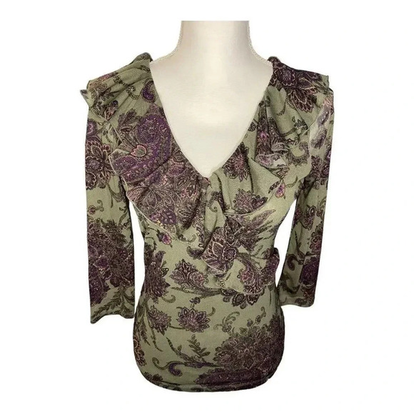 Chaps Women’s Small Green & Purple Mesh Ruffle V Neck Floral Print Top - Picture 1 of 4